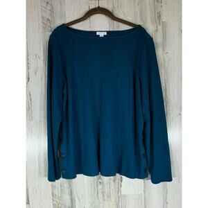J Jill Ponte‎ Knit Top Size Large Dark Teal Blue Boat Neck Button Side Accents